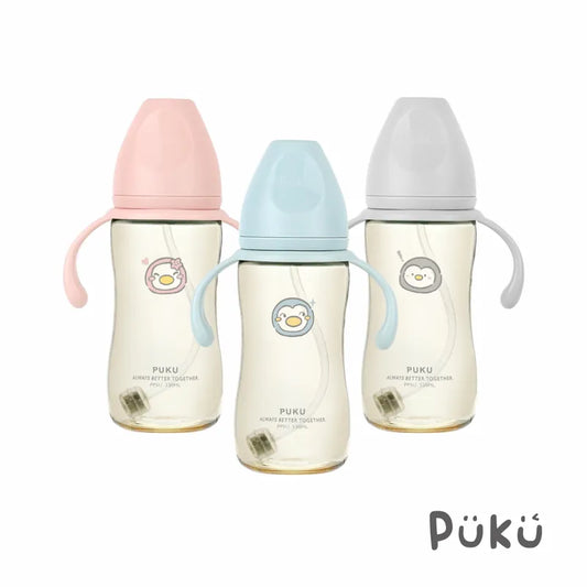 藍色企鵝Puku 飽飽歐蕾PPSU寬口練習奶瓶連把手330ml